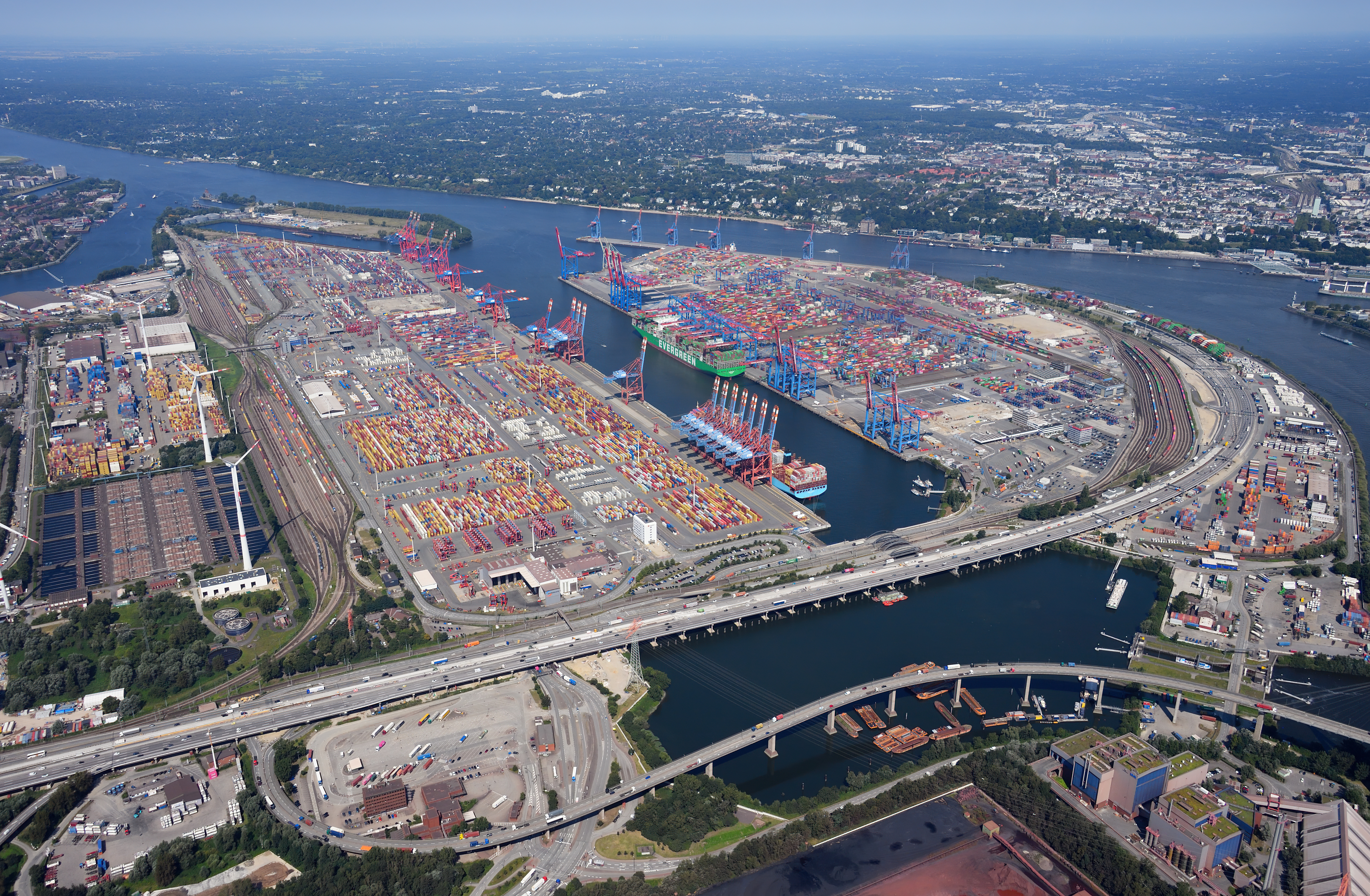 Aerial view of container terminals and port operations